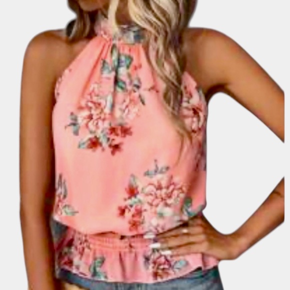 Emery Rose Tops - Small Coral Pink Sleeveless Blouse Mock Neck smocked Waist Floral Print Halter